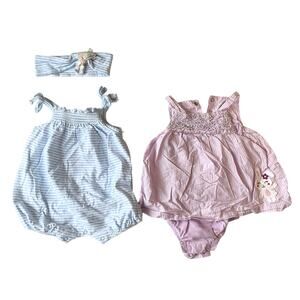Little Me Carter’s Baby Girl Rompers Set 6M with Headband Blue Purple Striped